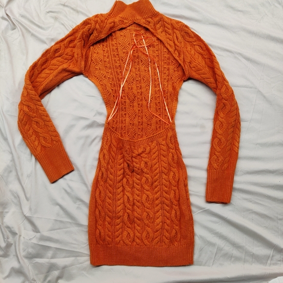 Midi Orange Knitted Backless Sweater Dress - Picture 4 of 6